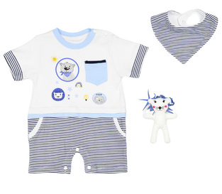 HASHTAG onesie with striped nautical design, matching bib and toy.
