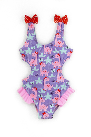 TORTUE one-piece swimsuit in purple color with dinosaur print.