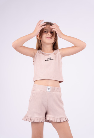 EBITA shorts set in pink with rip fabric and glitter.