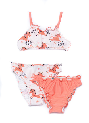 TORTUE bikini swimsuit in soft pink color with unicorn print.