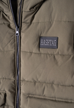 HASHTAG sleeveless jacket in khaki color with hood.