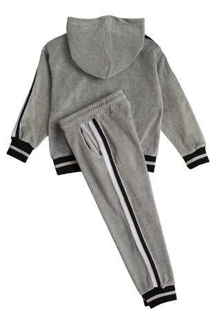SPRINT velor jumpsuit set in gray with a hood and sequin print.