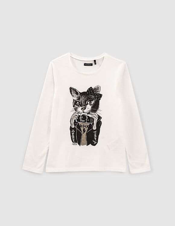 IKKS blouse in white color with kitten print.