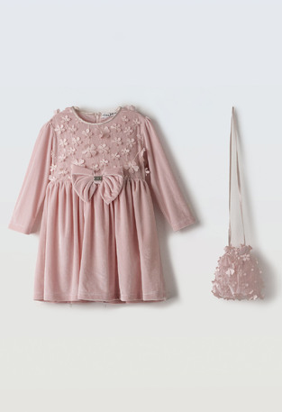 EVITA velvet dress, with matching bag, in pink.