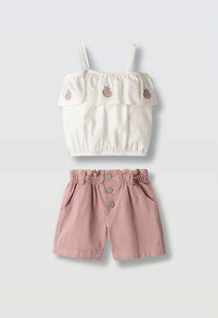 EVITA shorts set in soft ecru with pink.