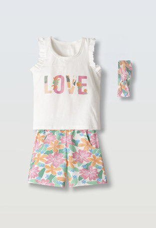 EVITA shorts set in white-printed color with matching ribbon.