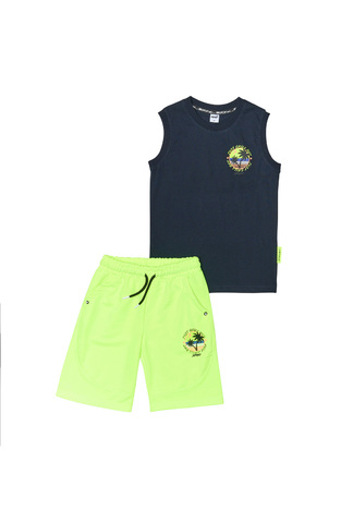 SPRINT sleeveless shorts set in blue with "RELAX, JUST CHILL OUT" logo.