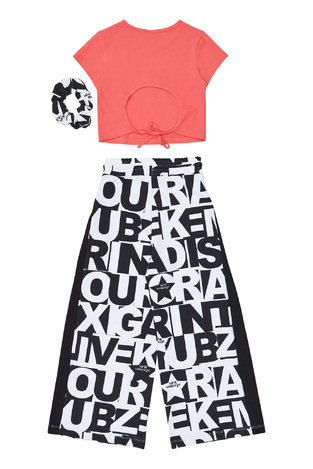 Σετ παντελόνα SPRINT σε χρώμα κοραλί με μαύρο και ασορτί λάστιχο μαλλιών.