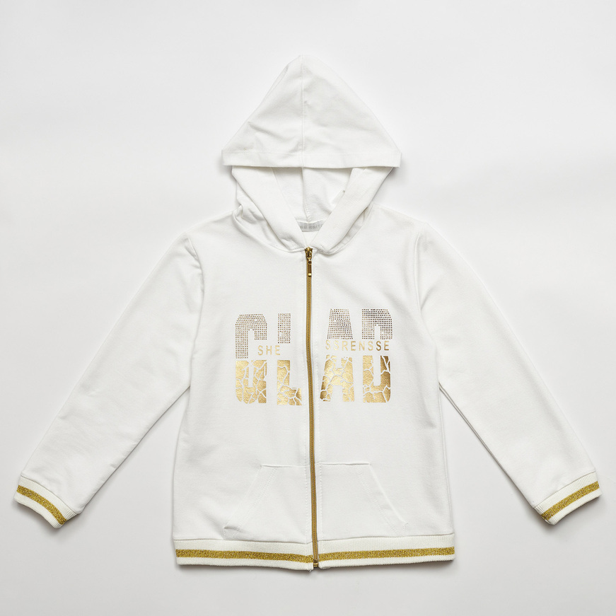 EBITA jacket in white color with hood and metallic print.