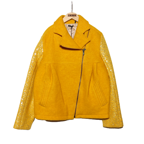 IKKS jacket in yellow color with all over sequin embroidery on the sleeves.