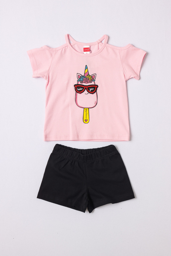 JOYCE shorts set, pink blouse with embroidery and blue shorts.