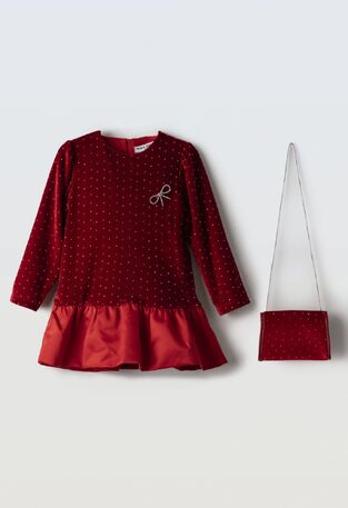 EVITA velvet dress with matching bag in burgundy color with rhinestones.