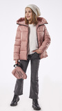 EBITA jacket in pink color with hood and matching bag.