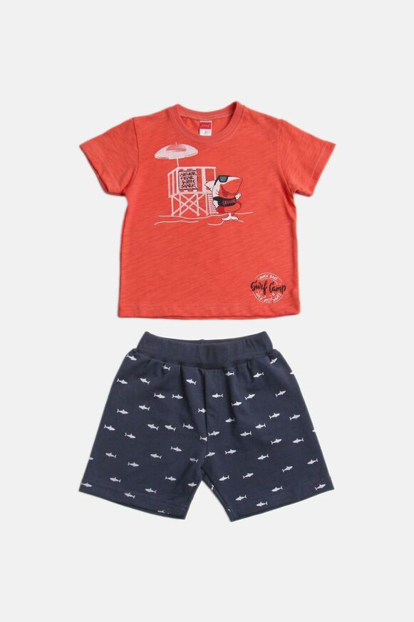 JOYCE shorts set in orange color with all over shark print.