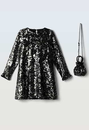 Ebita velvet dress in black with sequins and matching bag.