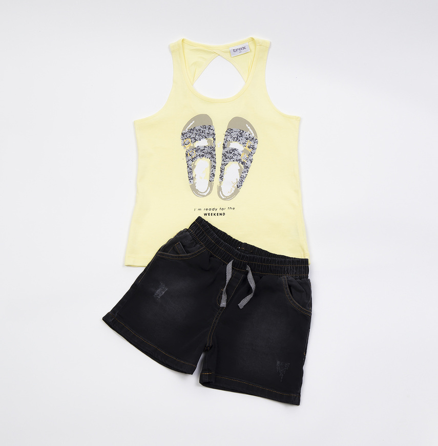 Set of TRAX shorts, yellow sleeveless top and denim shorts with elastic waist.