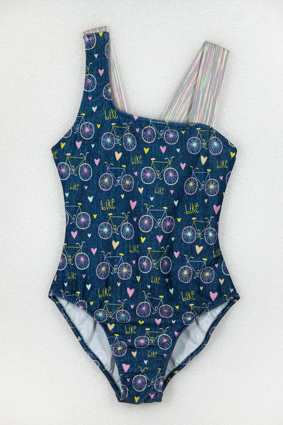 TORTUE blue one-piece swimsuit with bicycle print.