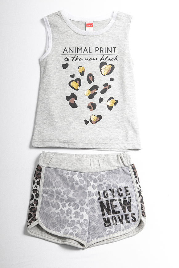 JOYCE shorts set, gray sleeveless top and leopard print shorts.