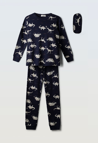 HOMΜIES pajamas with matching sleep mask in dark blue.