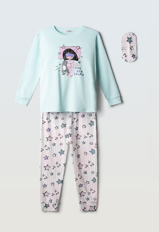 HOMMIES pajamas with matching sleep mask in light blue-gray.