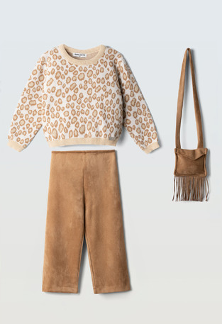 EBITA pants set in ecru with brown and matching bag.