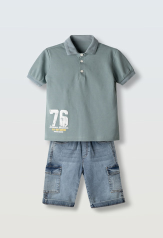 Σετ τζιν βερμούδα HASHTAG, μπλούζα πόλο σε χρώμα βεραμάν.