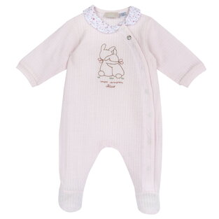 CHICCO long-sleeved romper in pink with an embroidered design on the front.