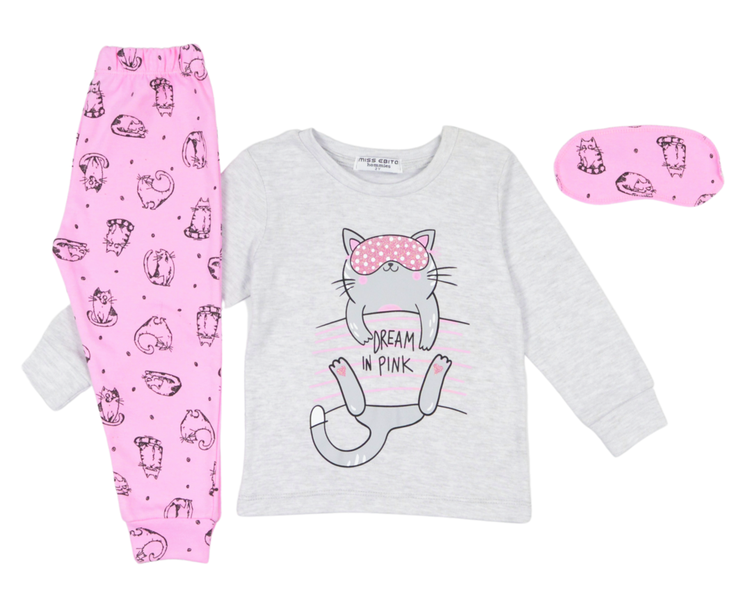 HOMMIES Pajamas with kitten print and matching sleep mask.