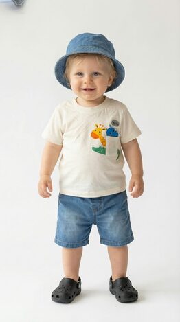 TRAX denim bermuda shorts set in white with matching hat.