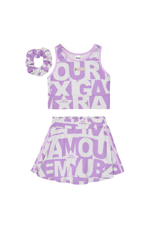 Σετ φούστα-σορτς SPRINT σε χρώμα γκρι με λιλά και ασορτί λάστιχο για τα μαλλιά.