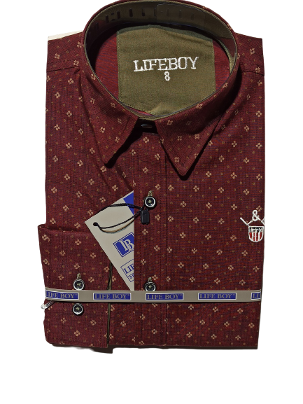 LIFE BOY shirt in printed burgundy color with long sleeve.