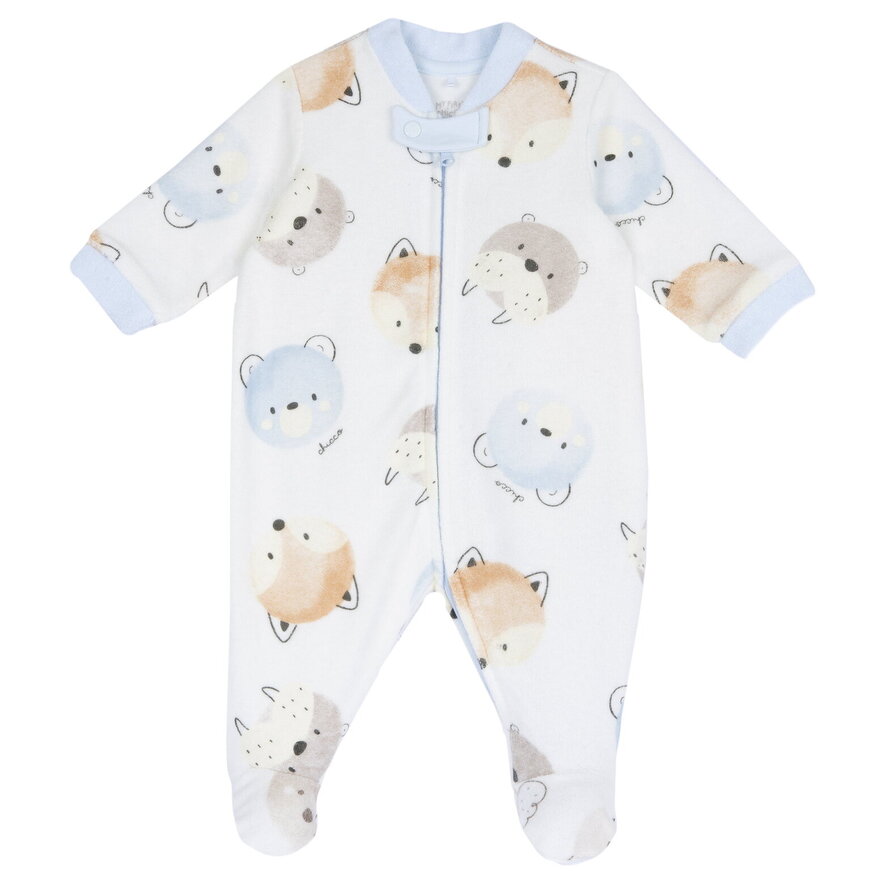 CHICCO velor bodysuit in ecru and siel colors with all over print.