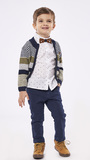 Set of 3 pcs. HASHTAG, bow tie shirt, knit cardigan and striped fabric pants.