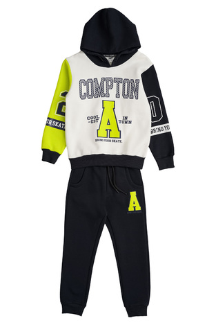 SPRINT suit set in two-tone ecru-black with embossed print.