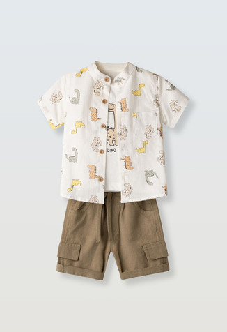 Σετ 3 τεμ. HASHTAG, πουκάμισο με all-over τύπωμα, μπλούζα και βερμούδα σε χρώμα καφέ.