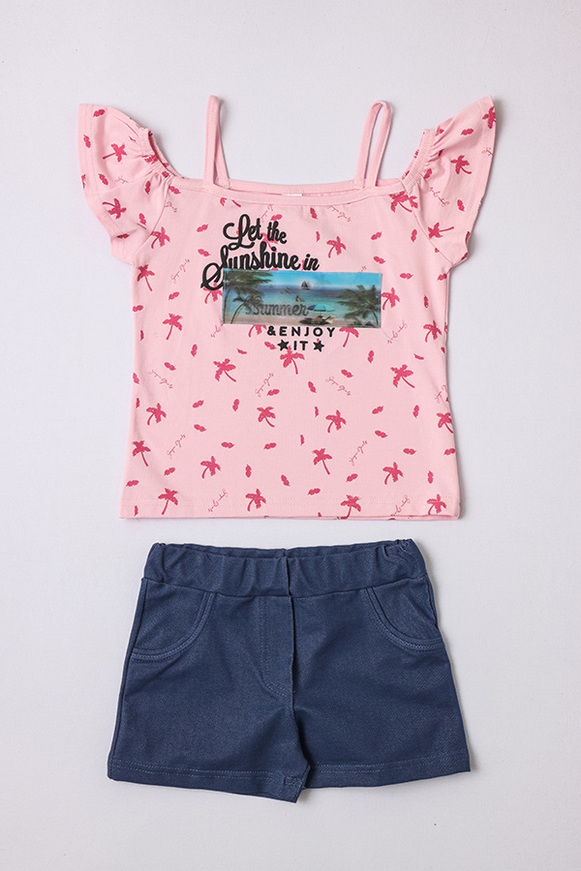 JOYCE shorts set, pink top with palm trees and blue shorts.