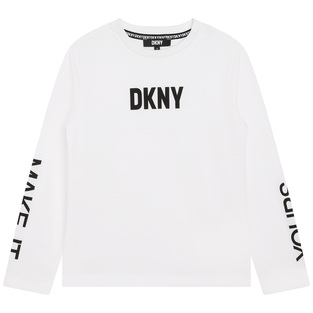Μπλούζα D.K.N.Y. σε λευκό χρώμα με λογότυπο "MAKE IT YOURS" στα μανίκια.