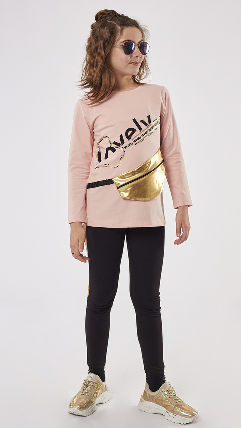EBITA leggings set, pink blouse and elastic leggings with metallic stripes on the sides.