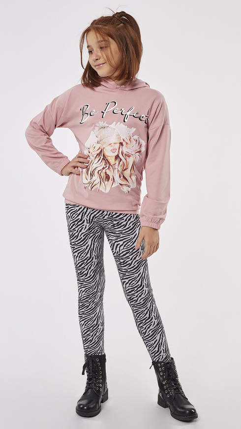 EBITA leggings set, hooded sweatshirt in pink, with embossed print, and leggings with all over tabby print.