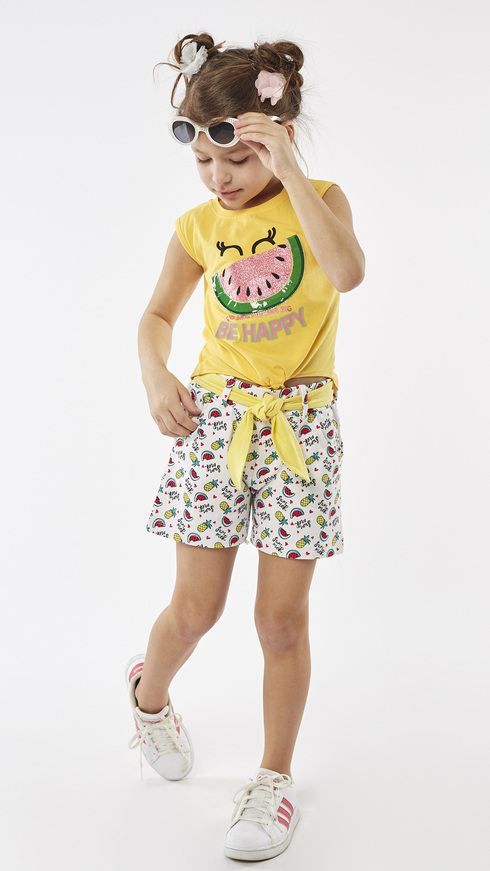 EBITA shorts set, yellow blouse with tie and shorts with all over print.