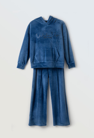 EBITA velor jumpsuit set in blue with "WAKE UP" logo embossed.