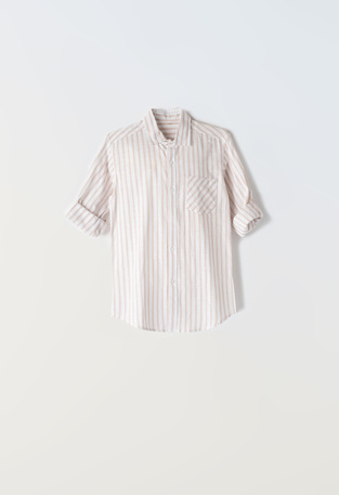HASHTAG linen shirt in white color with beige striped design.