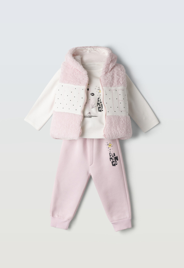 Σετ φόρμας  3 τεμ. ΕΒΙΤΑ σε ροζ-εκρού χρώμα με γούνινο γιλέκο.