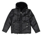 EBITA jacket in black color with leather texture and fur lining.