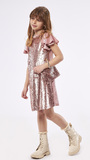 EVITA velvet dress in pink with sequins and matching bag.