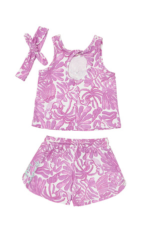 SPRINT shorts set in white with lilac and matching hair ribbon.