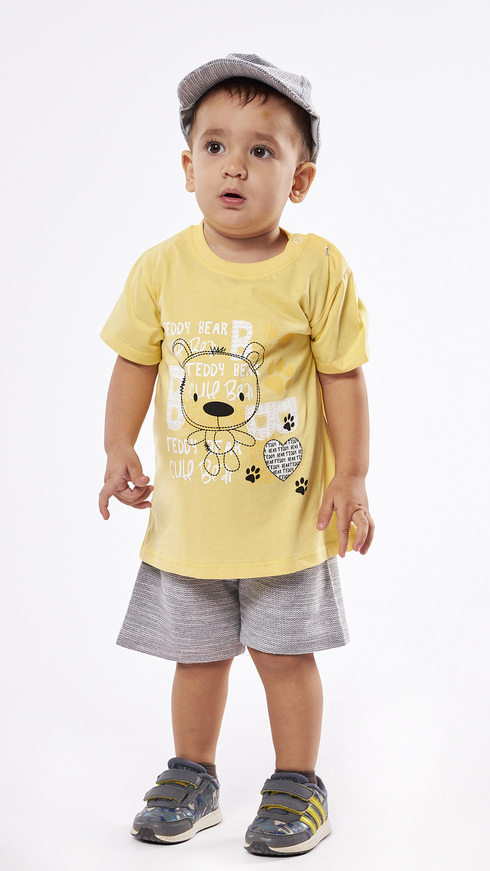 HASHTAG shorts set in yellow color with teddy bear print and hat.