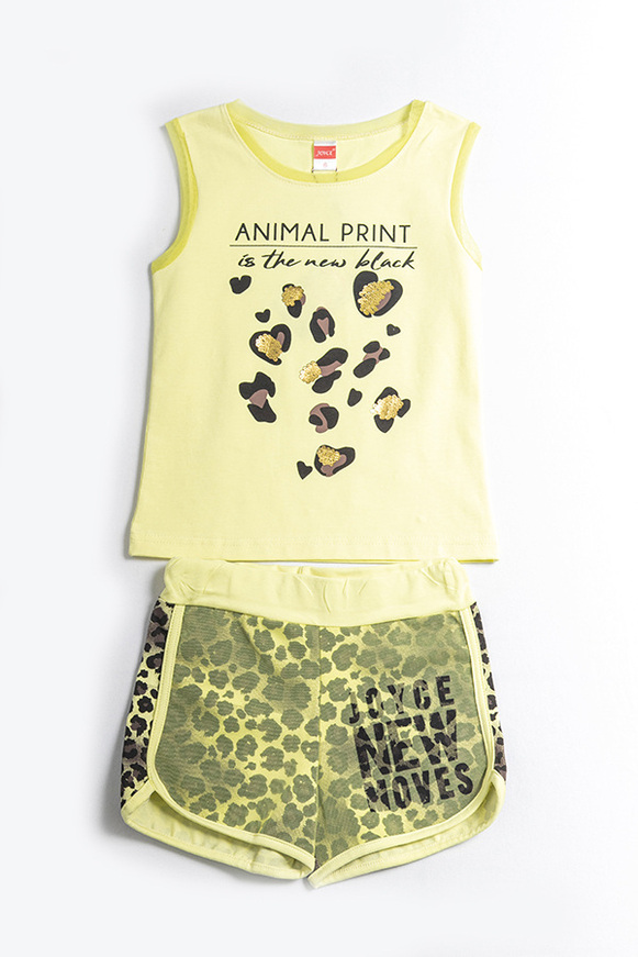 JOYCE shorts set, yellow sleeveless top and leopard print shorts.