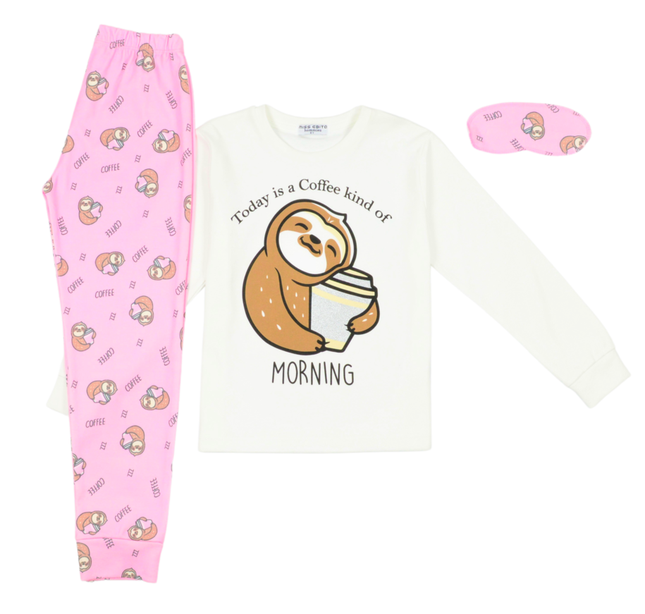 Hommies Pajamas with "COFFEE" print and matching sleep mask.