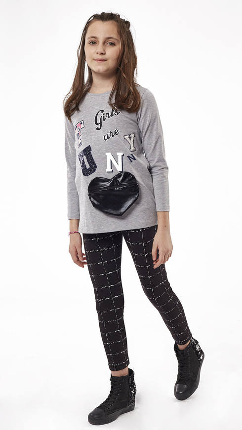 EBITA leggings set in gray color with integrated heart bag and all over design of silver dust on the leggings.